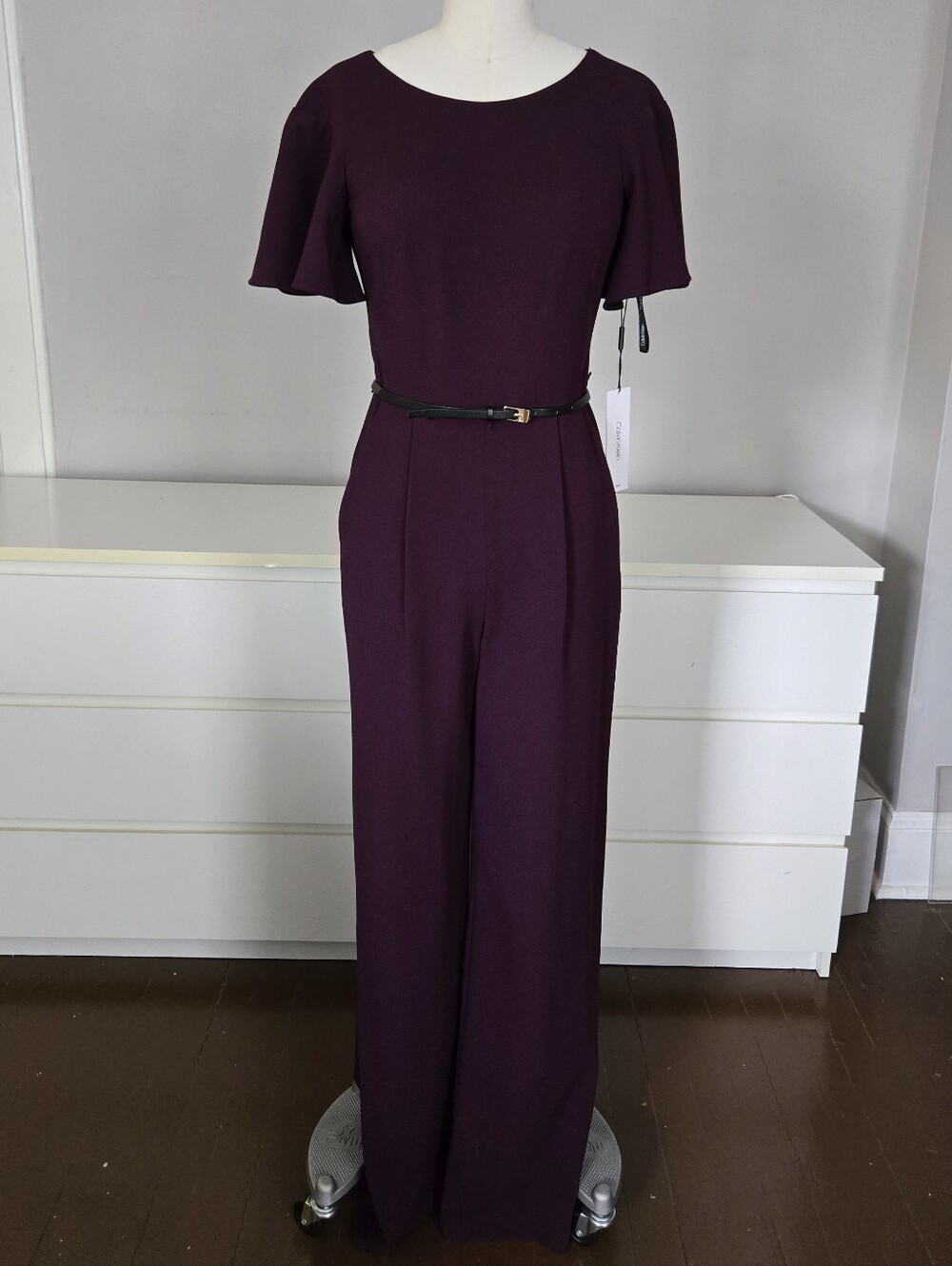 NWT Calvin Klein Plum Wide-Leg Belted Jumpsuit